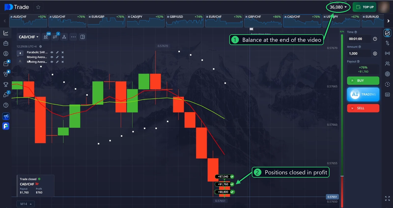 Balance at the end of the video: $36,080