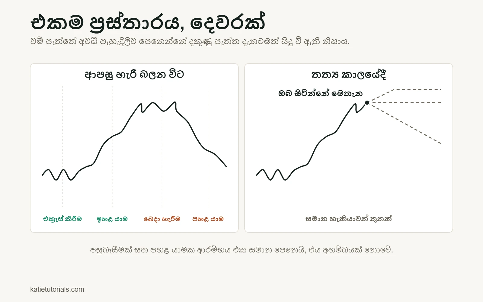 පැනල දෙකක්: වම් පැත්තේ, ආපසු හැරී බලන විට වෙළඳපොළ චක්‍රයේ අදියර හතර – එකතු කිරීම, ඉහළ යාම, බෙදා හැරීම, පහළ යාම – පැහැදිලිව පෙනේ; දකුණු පැත්තේ, එම ප්‍රස්ථාරයම සජීවී කාලයේදී, ඊළඟ චලනයට මාර්ග තුනක් ගත හැකිය.