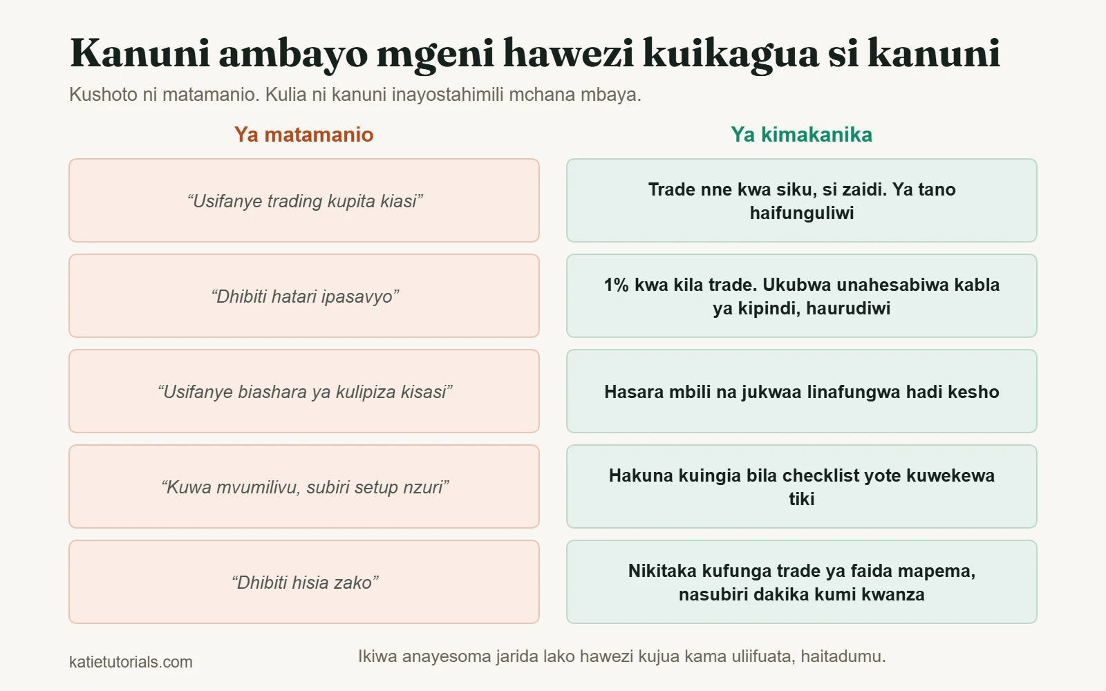 Matamanio matano yasiyo wazi kando ya kanuni tano za kimakanika zinazoweza kukaguliwa, kama trade nne kwa siku, si zaidi.