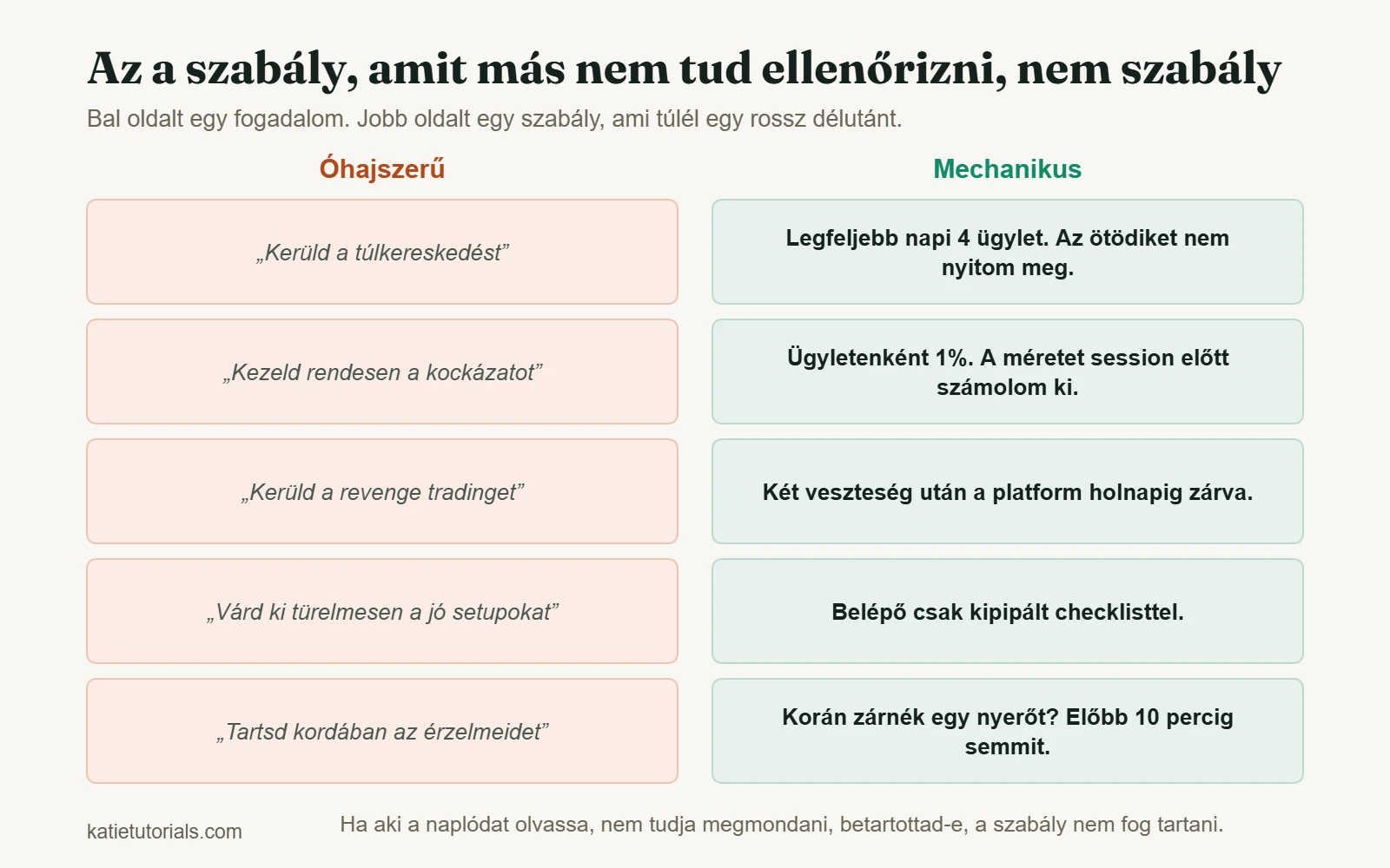 Öt homályos fogadalom öt ellenőrizhető, mechanikus szabály mellett, például legfeljebb napi 4 ügylet.