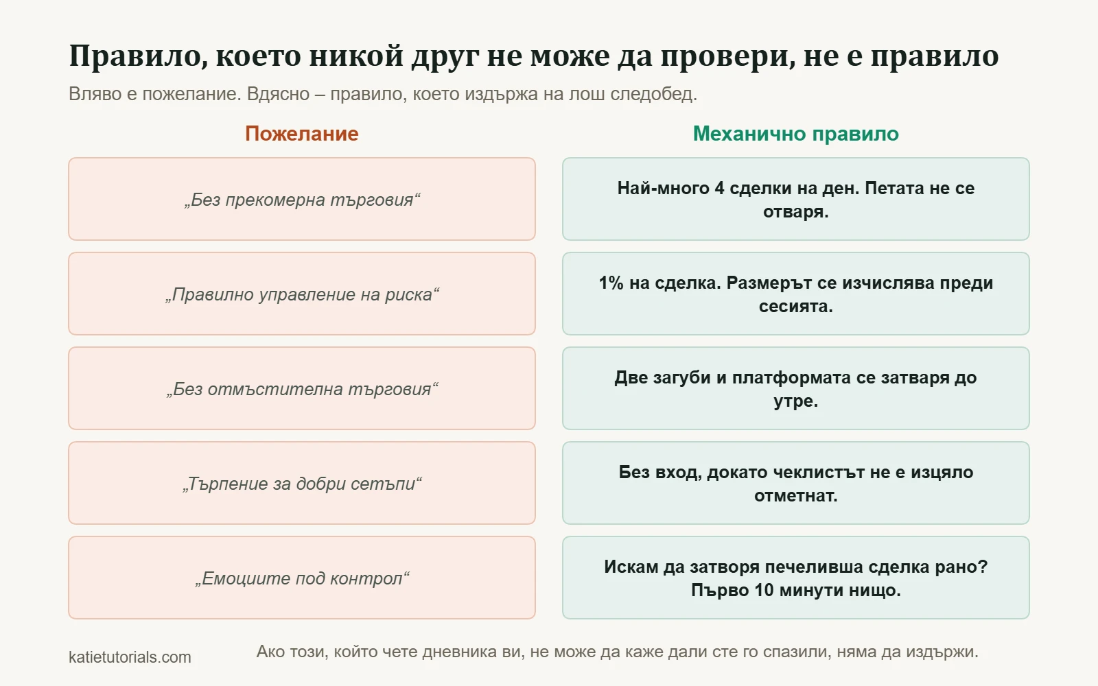 Пет неясни пожелания до пет механични правила, които могат да се проверят, например най-много четири сделки на ден.