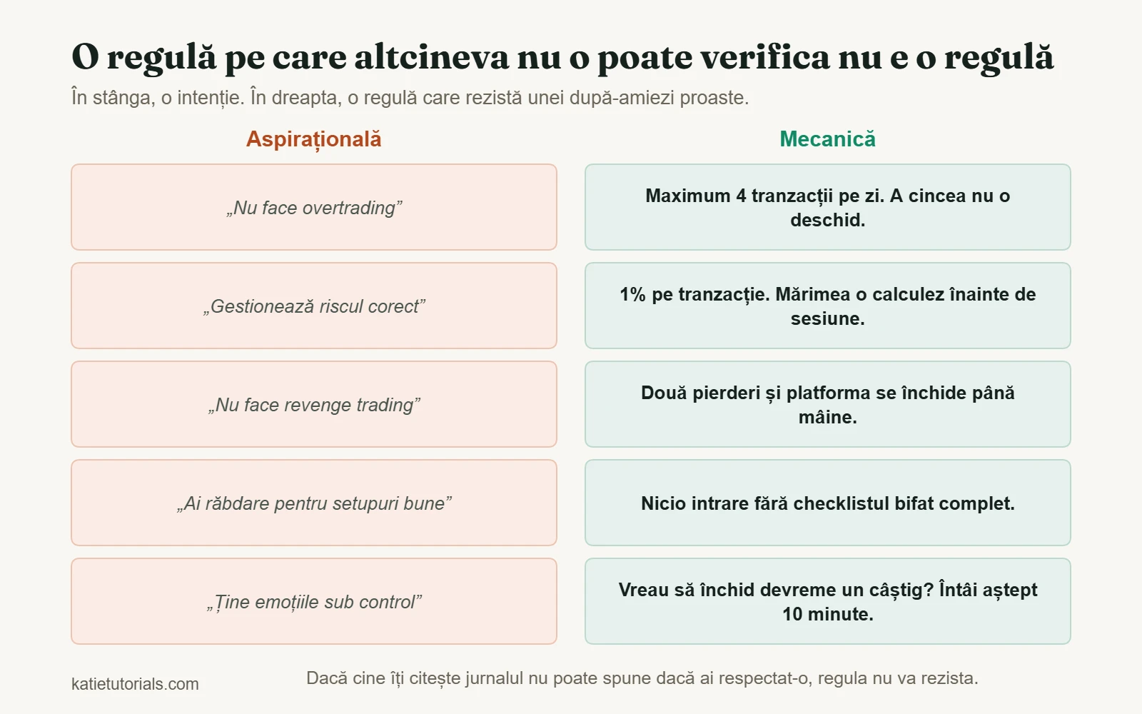 Cinci intenții vagi alături de cinci reguli mecanice care pot fi verificate, cum ar fi maximum 4 tranzacții pe zi.